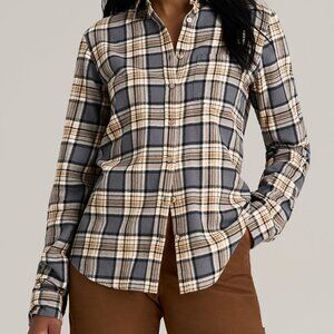 American Tall Flannel Button-Up Shirt for Tall Women in Grey and Camel Plaid Siz